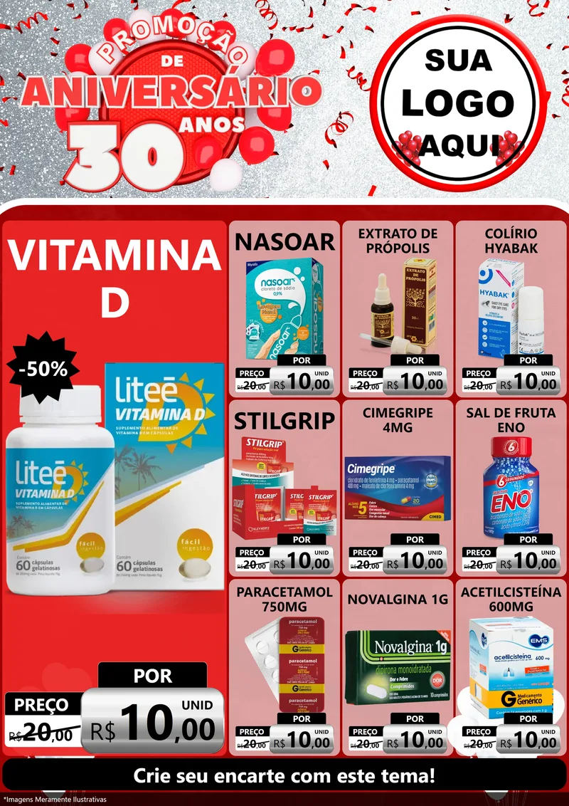 Modelo de Encarte para Encarte A4 Vertical com o tema Promoção de Aniversário - 30 Anos para Farmácia