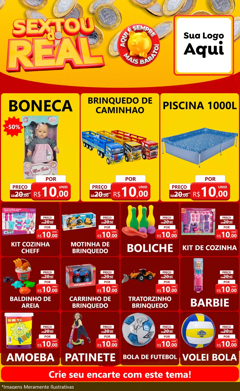 Modelo de Encarte para Encarte Grande com o tema Sextou do Real para Brinquedos