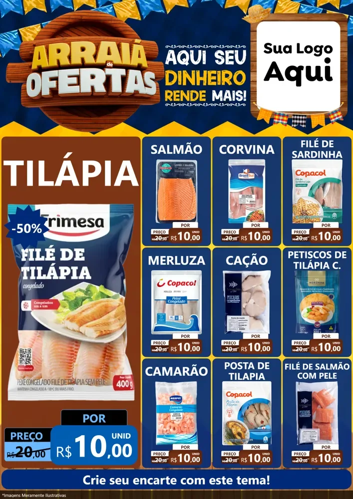 Modelo de Encarte para Encarte A4 Vertical com o tema Arraiá de Ofertas - Junina para Peixaria