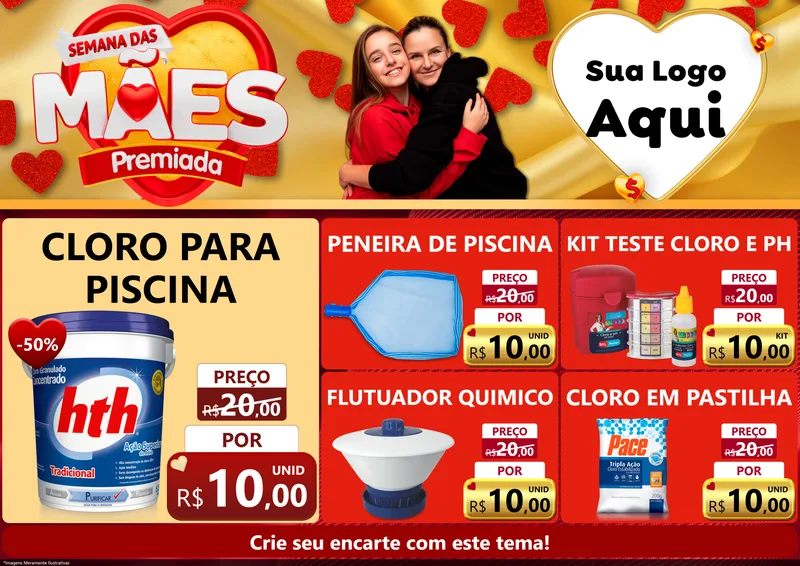 Modelo de Encarte para Encarte A4 Horizontal com o tema Semana das Mães Premiada para Produtos para Piscina