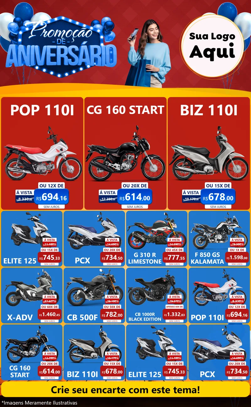 Modelo de Encarte para Encarte Grande com o tema Promoção de Aniversário para Concessionaria de Motos