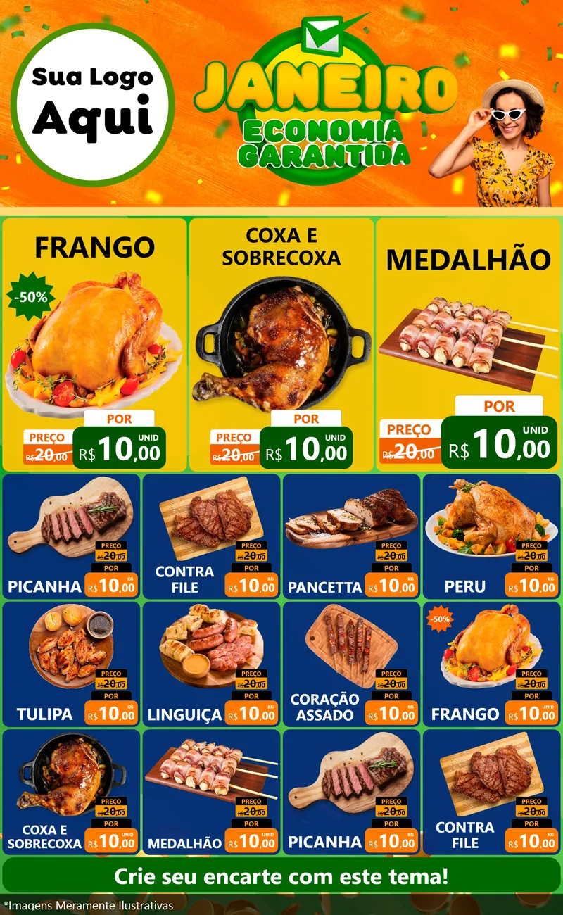 Modelo de Encarte para Encarte Grande com o tema Janeiro - Economia Garantida para Assados