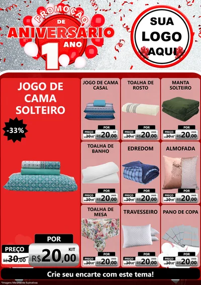 Modelo de Encarte para Encarte A4 Vertical com o tema Promoção de Aniversário - 1 Ano para Cama, Mesa e Banho