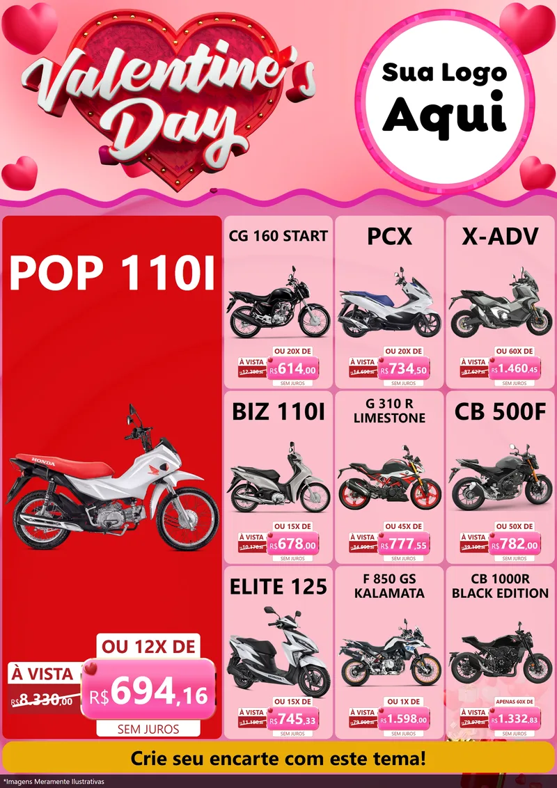 Modelo de Encarte para Encarte A4 Vertical com o tema Valentine's Day para Concessionaria de Motos