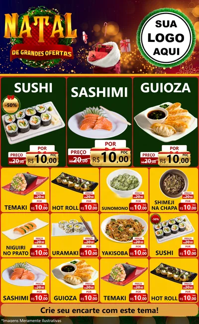 Modelo de Encarte para Encarte Grande com o tema Natal de Grandes Ofertas para Comida japonesa