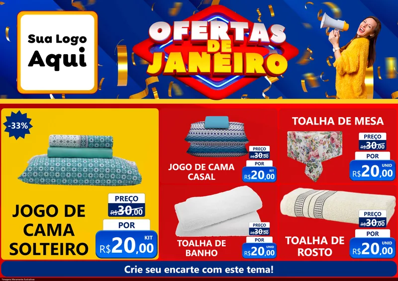 Modelo de Encarte para Encarte A4 Horizontal com o tema Ofertas de Janeiro para Cama, Mesa e Banho