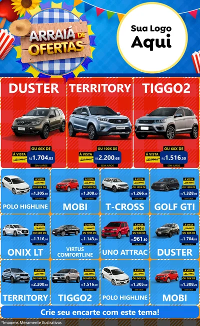 Modelo de Encarte para Encarte Grande com o tema Arraiá de Ofertas para Concessionaria de Carros