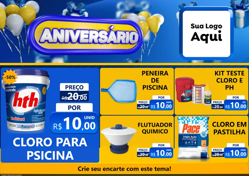 Modelo de Encarte para Encarte A4 Horizontal com o tema Aniversário para Produtos para Piscina
