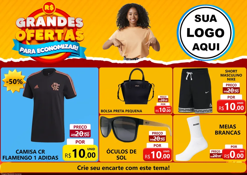 Modelo de Encarte para Encarte A4 Horizontal com o tema Grandes Ofertas Para Economizar! para Roupas e acessórios