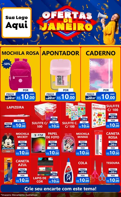 Modelo de Encarte para Encarte Grande com o tema Ofertas de Janeiro para Papelaria