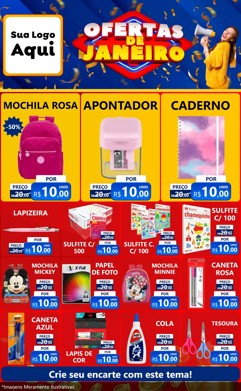 Modelo de Encarte para Encarte Grande com o tema Ofertas de Janeiro para Papelaria
