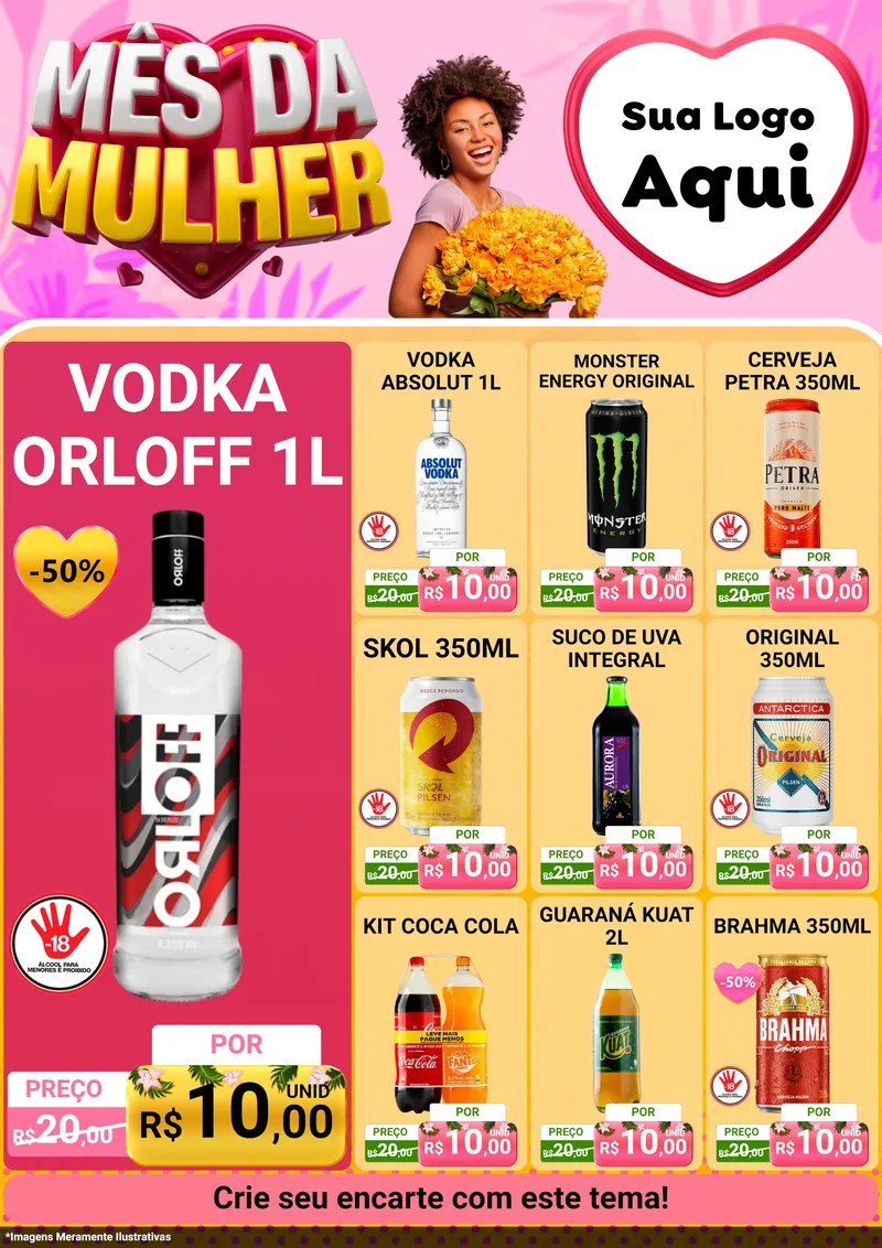 Modelo de Encarte para Encarte A4 Vertical com o tema Mês da Mulher para Distribuidora de bebidas