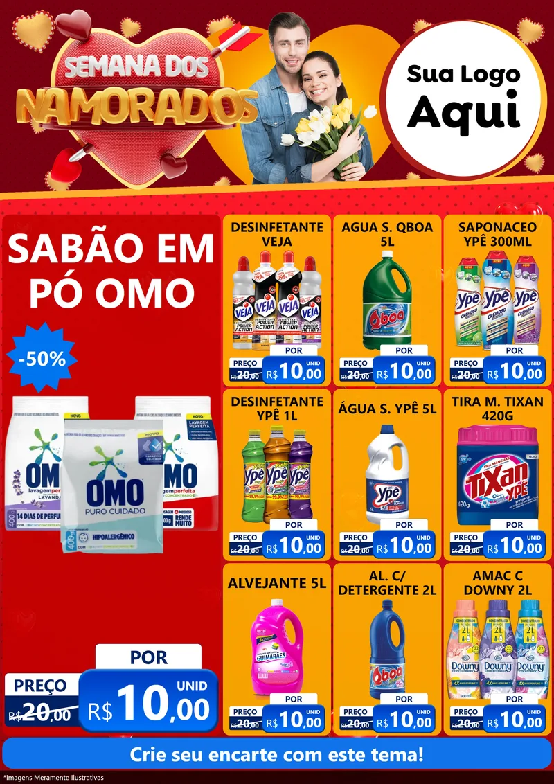 Modelo de Encarte para Encarte A4 Vertical com o tema Semana dos Namorados para Produtos de Limpeza