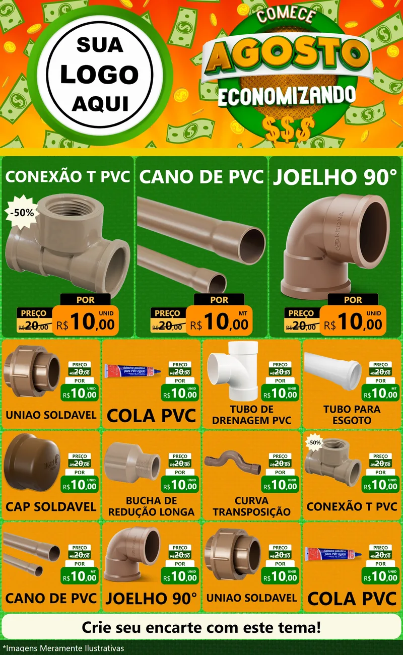 Modelo de Encarte para Encarte Grande com o tema Comece Agosto Economizando para Tubos e conexões