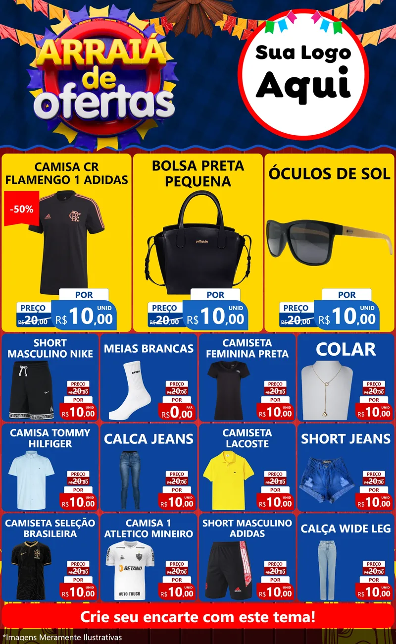 Modelo de Encarte para Encarte Grande com o tema Arraiá de Ofertas para Roupas e acessórios