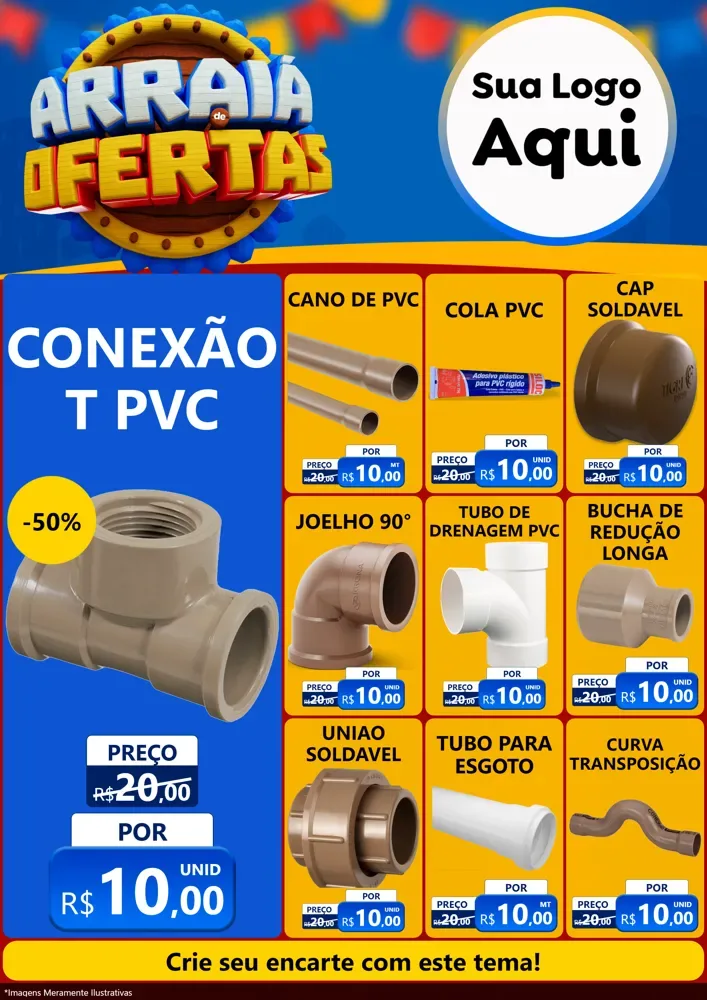 Modelo de Encarte para Encarte A4 Vertical com o tema Arraiá de Ofertas - Junina para Tubos e conexões