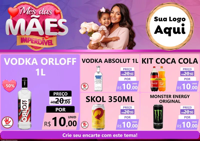 Modelo de Encarte para Encarte A4 Horizontal com o tema Mês das Mães Imperdível para Distribuidora de bebidas