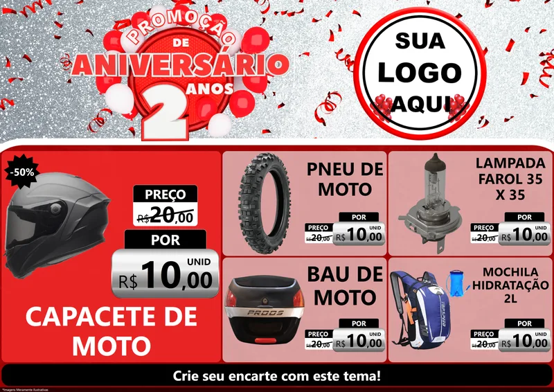 Modelo de Encarte para Encarte A4 Horizontal com o tema Promoção de Aniversário - 2 Anos para Moto peças