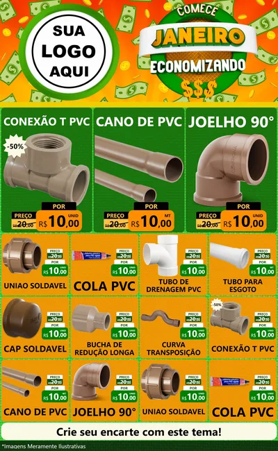 Modelo de Encarte para Encarte Grande com o tema Comece Janeiro Economizando para Tubos e conexões