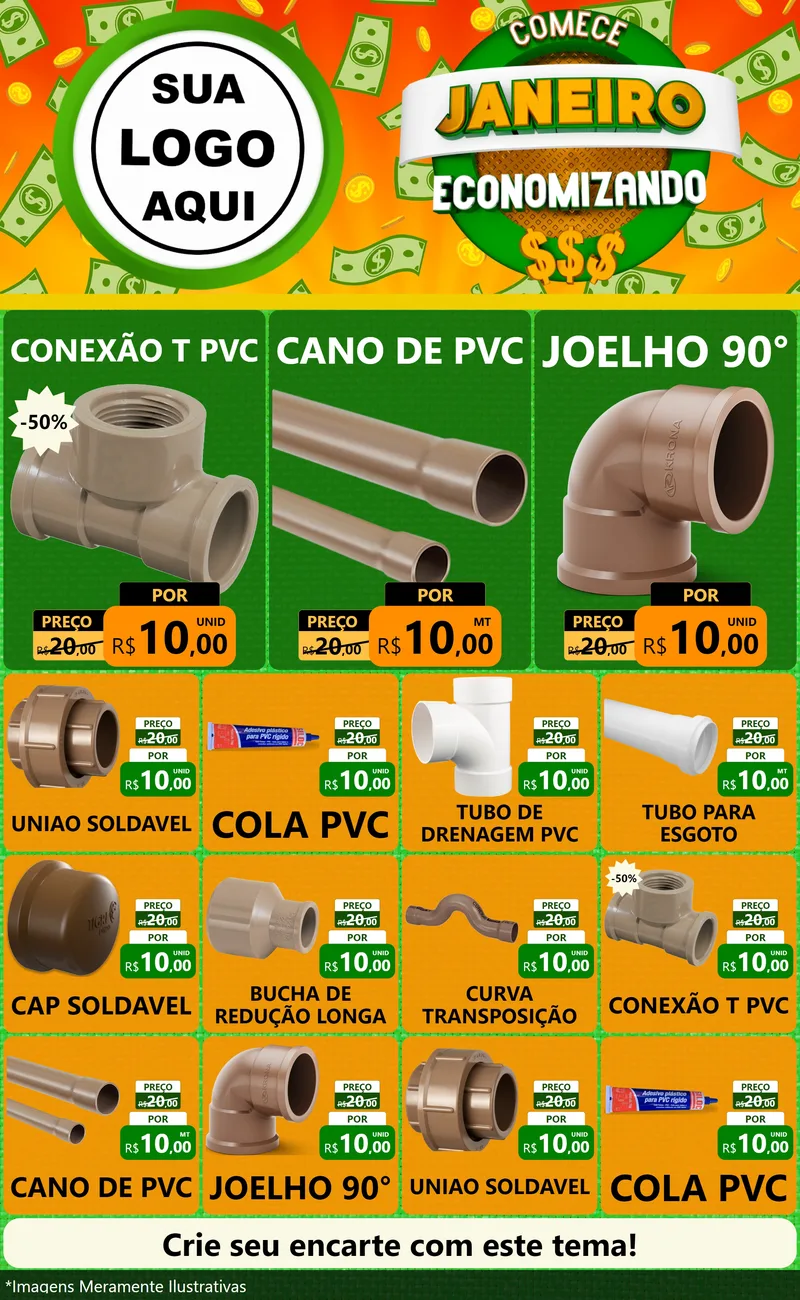 Modelo de Encarte para Encarte Grande com o tema Comece Janeiro Economizando para Tubos e conexões