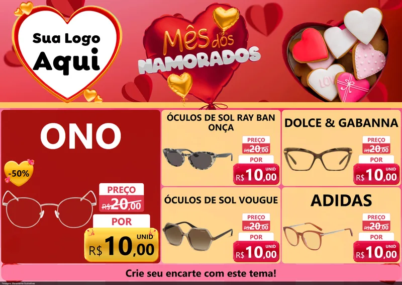 Modelo de Encarte para Encarte A4 Horizontal com o tema Mês dos Namorados para Óticas