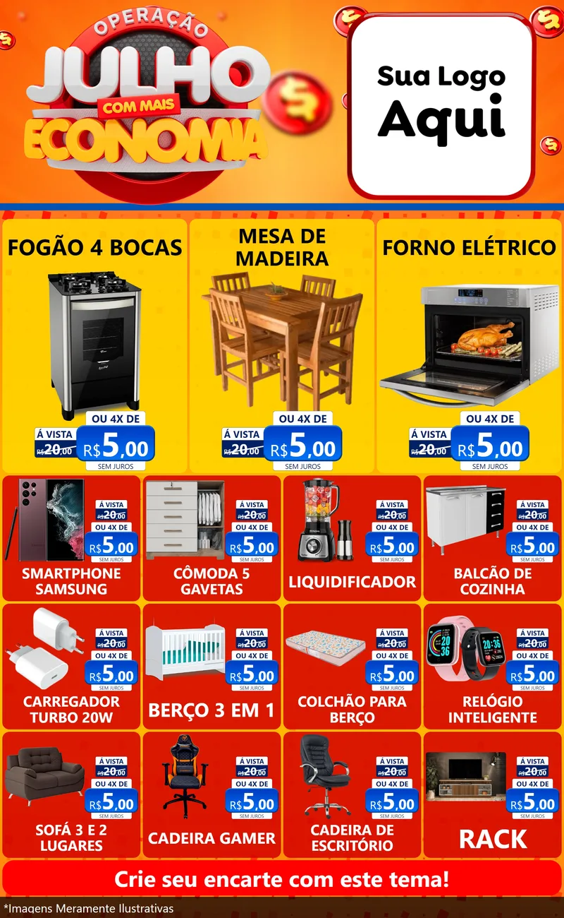 Modelo de Encarte para Encarte Grande com o tema Operação Julho Com Mais Economia para Móveis e Eletro