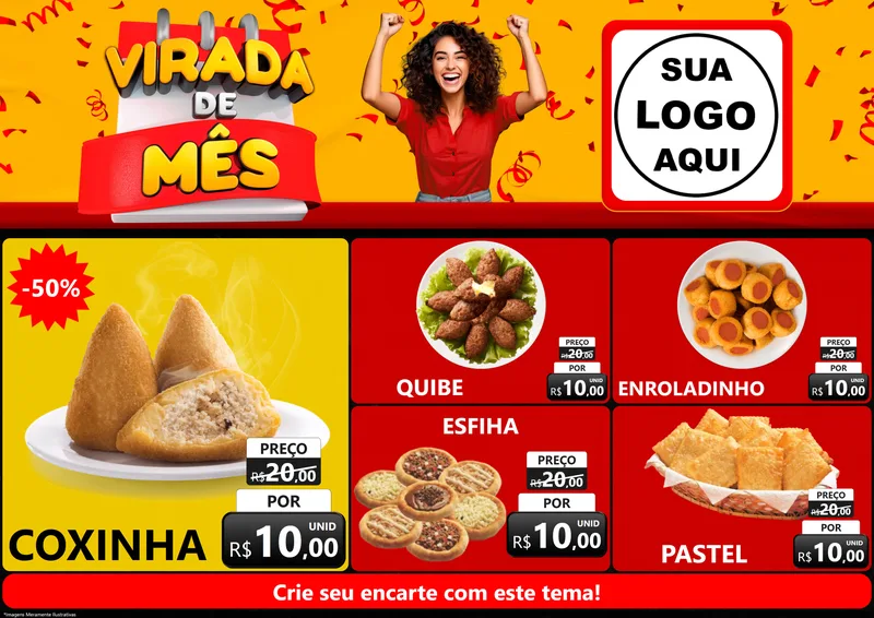 Modelo de Encarte para Encarte A4 Horizontal com o tema Virada de Mês para Salgadaria