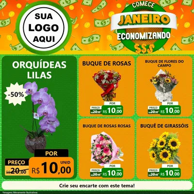 Modelo de Rede Social para Feed Facebook com o tema Comece Janeiro Economizando para Floricultura e jardim