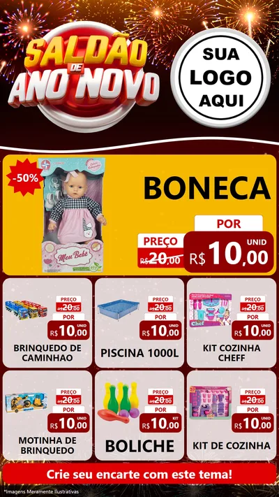 Modelo de Rede Social para Stories com o tema Saldão de Ano Novo para Brinquedos
