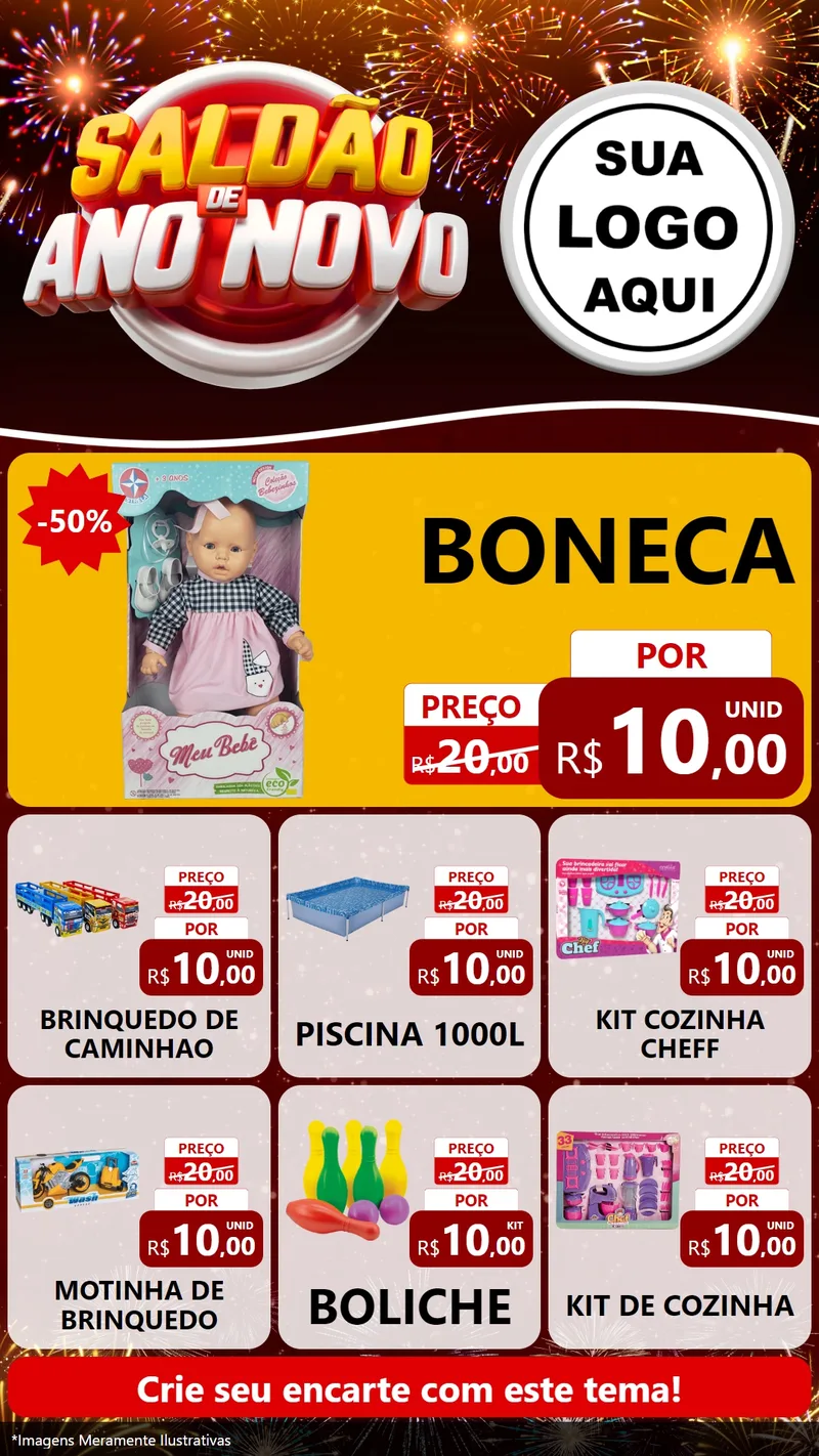 Modelo de Rede Social para Stories com o tema Saldão de Ano Novo para Brinquedos