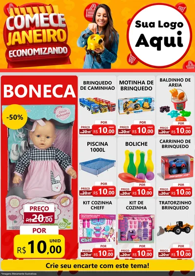 Modelo de Encarte para Encarte A4 Vertical com o tema Comece Janeiro Economizando para Brinquedos