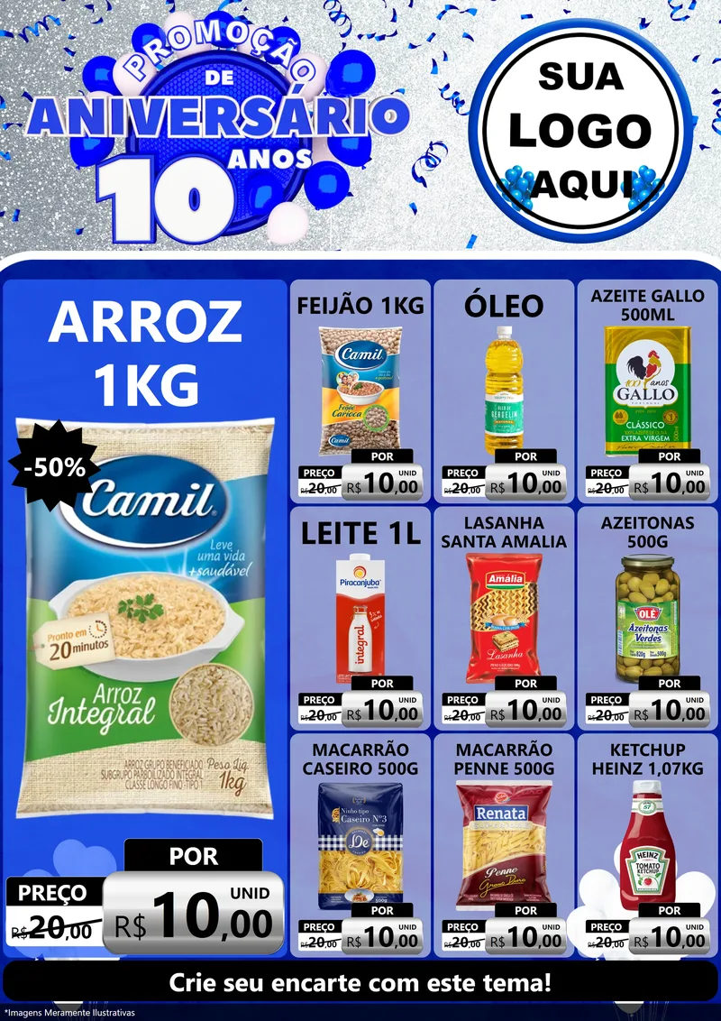 Modelo de Encarte para Encarte A4 Vertical com o tema Promoção de Aniversário - 10 Anos para Supermercado