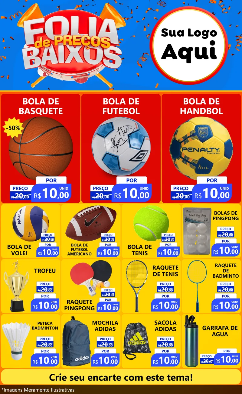 Modelo de Encarte para Encarte Grande com o tema Folia de Preços Baixos para Artigos Esportivos