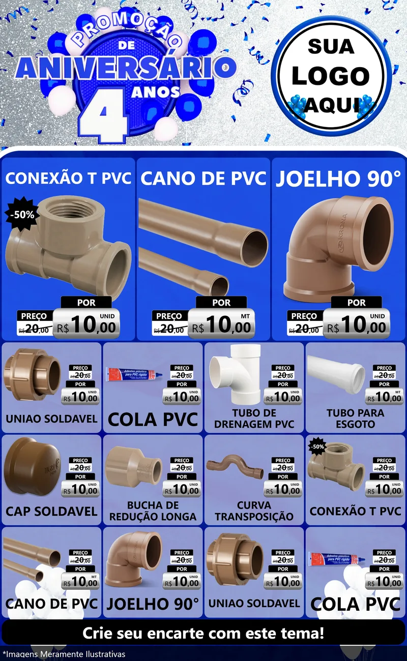 Modelo de Encarte para Encarte Grande com o tema Promoção de Aniversário - 4 Anos para Tubos e conexões