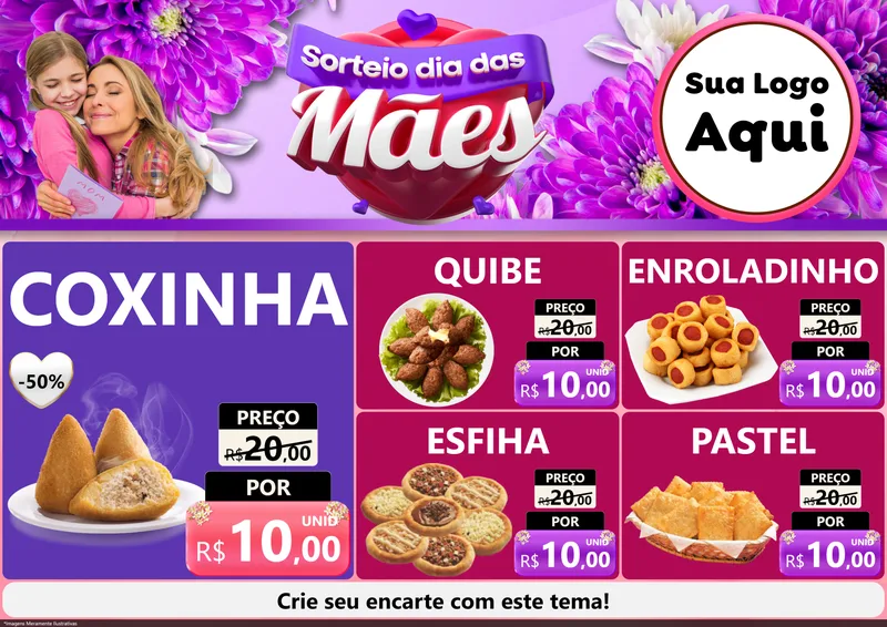 Modelo de Encarte para Encarte A4 Horizontal com o tema Sorteio Dia das Mães para Salgadaria