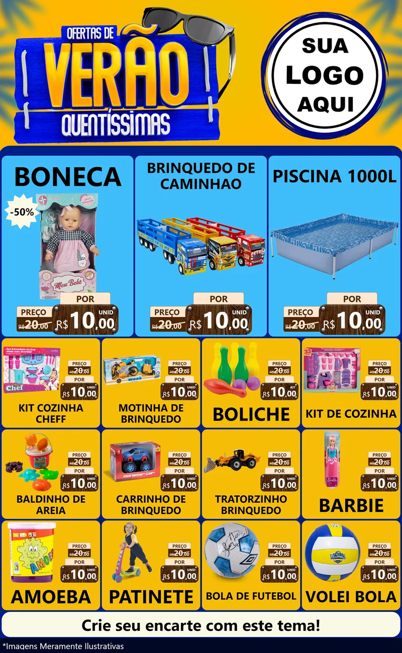 Modelo de Encarte para Encarte Grande com o tema Ofertas de Verão Quentíssimas para Brinquedos