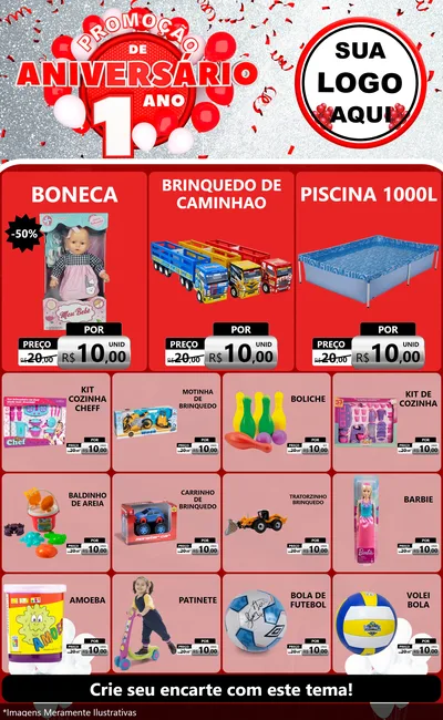 Modelo de Encarte para Encarte Grande com o tema Promoção de Aniversário - 1 Ano para Brinquedos