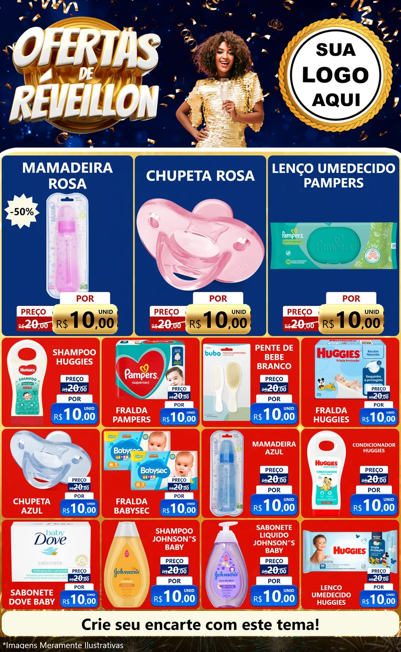 Modelo de Encarte para Encarte Grande com o tema Ofertas de Réveillon para Bebês