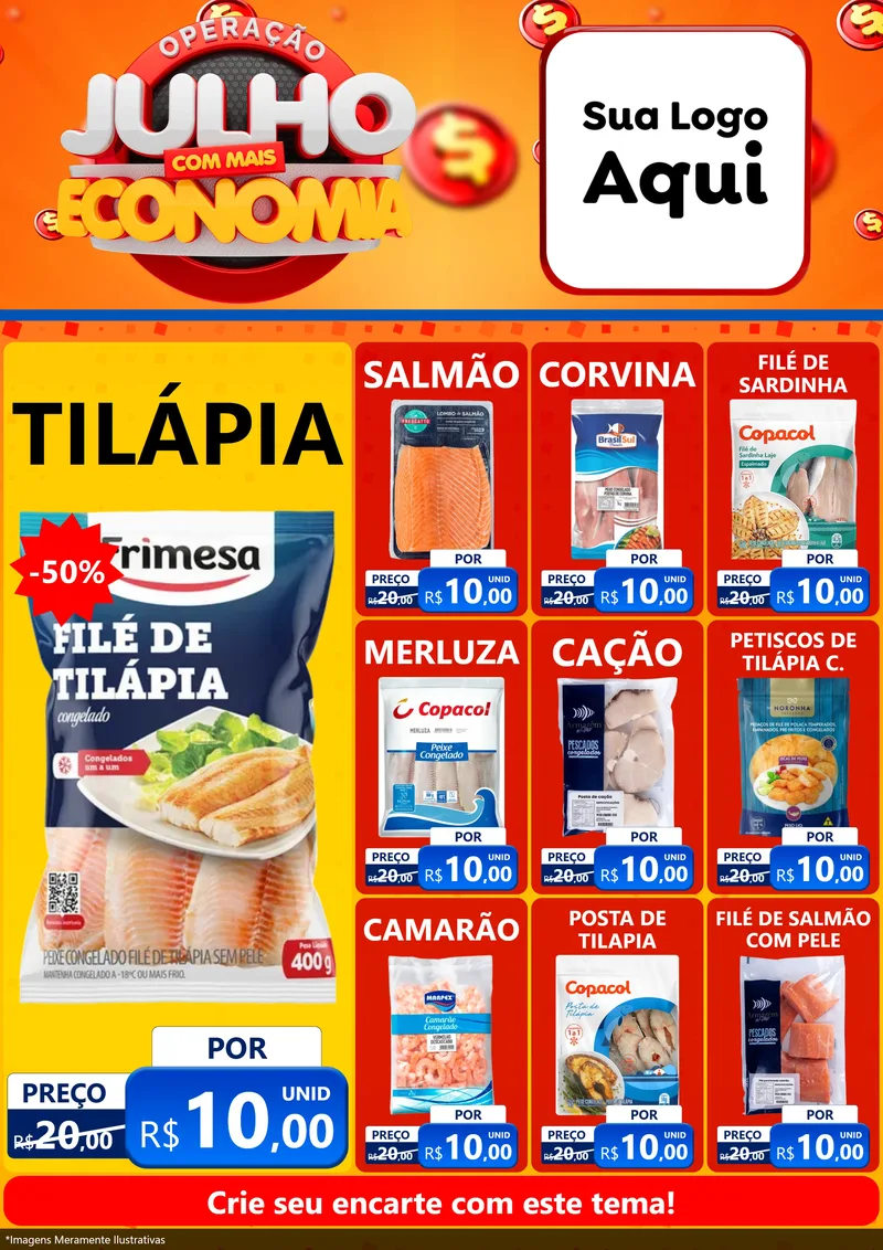 Modelo de Encarte para Encarte A4 Vertical com o tema Operação Julho Com Mais Economia para Peixaria