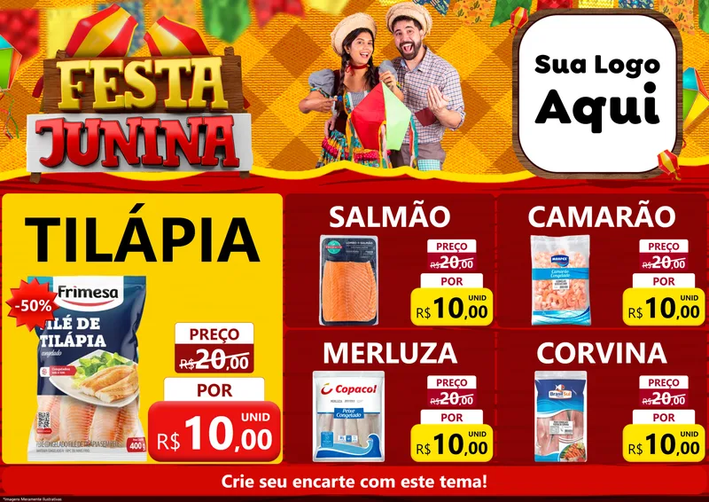 Modelo de Encarte para Encarte A4 Horizontal com o tema Festa Junina para Peixaria