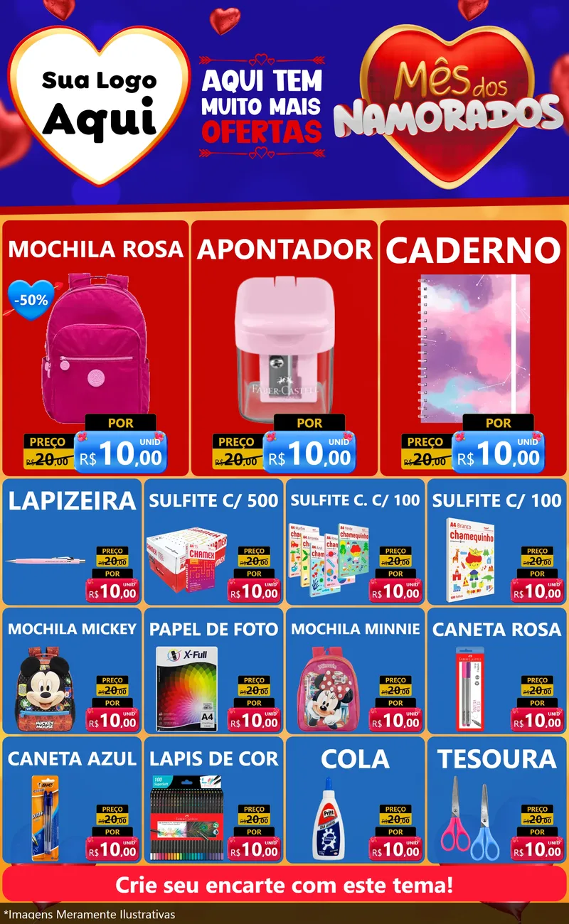 Modelo de Encarte para Encarte Grande com o tema Mês dos Namorados para Papelaria