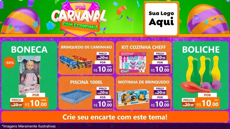 Modelo de TV para TV Horizontal com o tema Pré-Carnaval Com Economia para Brinquedos