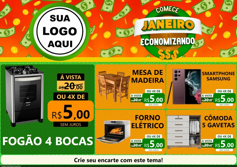 Modelo de Encarte para Encarte A4 Horizontal com o tema Comece Janeiro Economizando para Móveis e Eletro