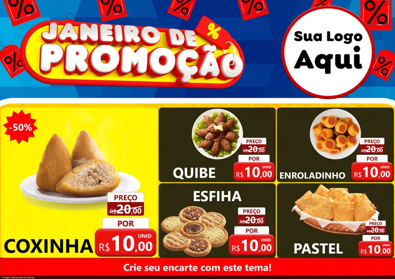 Modelo de Encarte para Encarte A4 Horizontal com o tema Janeiro de Promoção para Salgadaria
