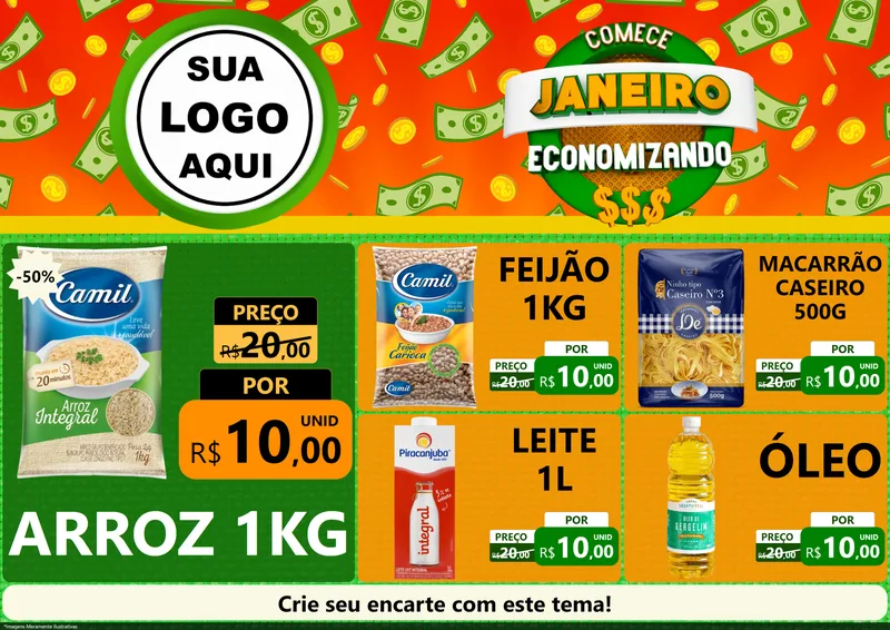 Modelo de Encarte para Encarte A4 Horizontal com o tema Comece Janeiro Economizando para Supermercado