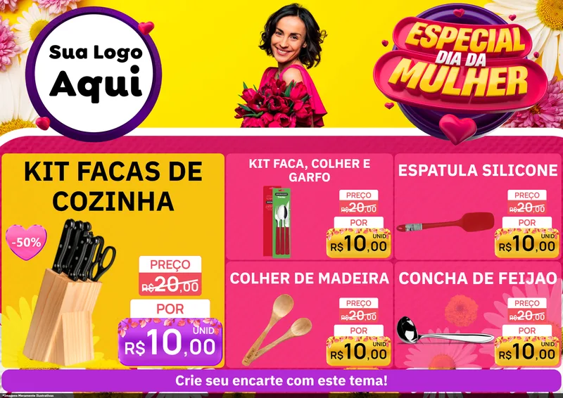 Modelo de Encarte para Encarte A4 Horizontal com o tema Especial Dia da Mulher para Utilidades Domésticas