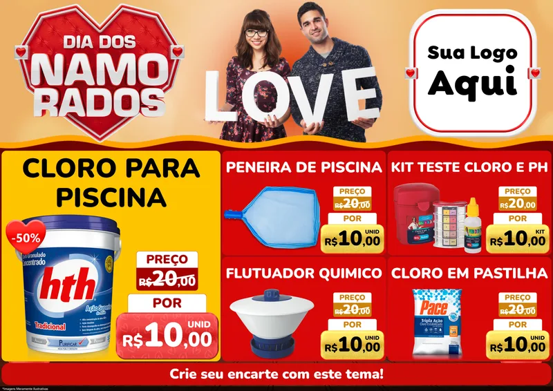 Modelo de Encarte para Encarte A4 Horizontal com o tema Dia dos Namorados para Produtos para Piscina