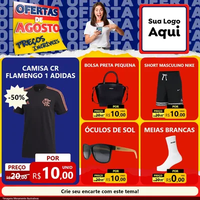 Modelo de Rede Social para Feed Facebook com o tema Ofertas de Agosto - Preços Incríveis para Roupas e acessórios