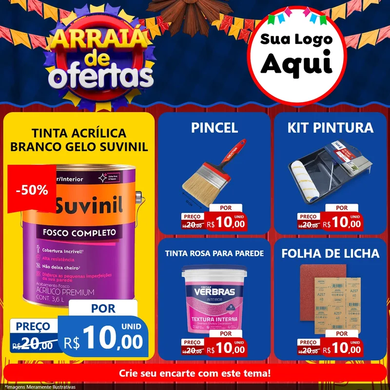 Modelo de Rede Social para Feed Facebook com o tema Arraiá de Ofertas para Tintas e Ferramentas