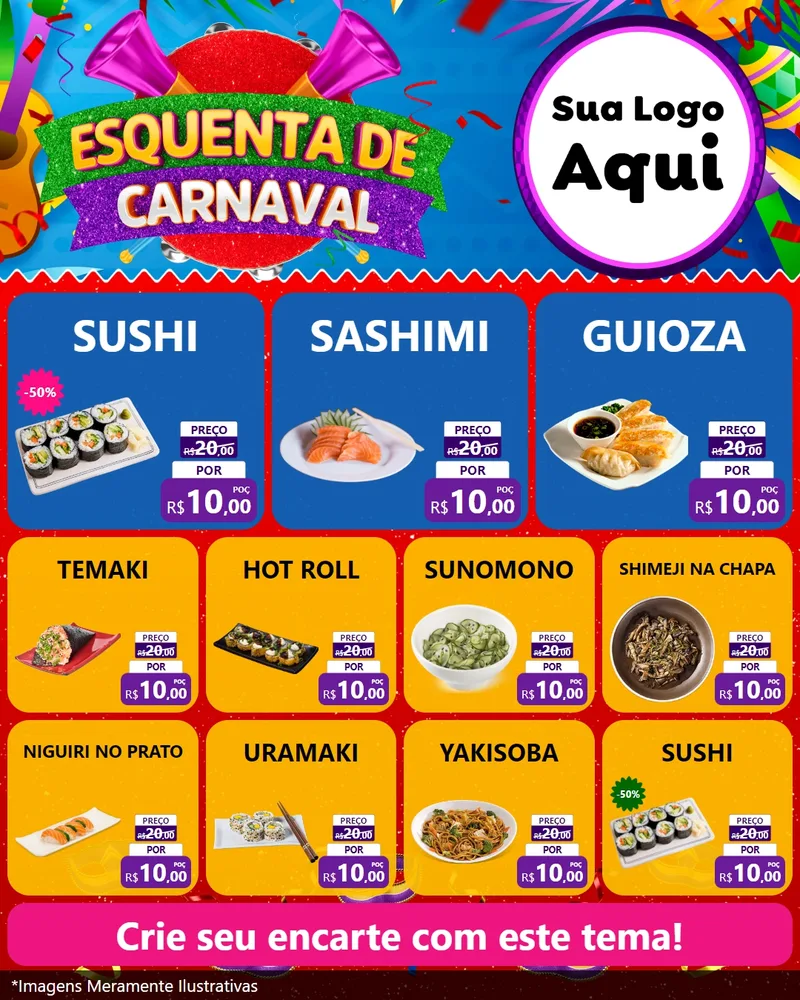 Modelo de Rede Social para Feed Instagram com o tema Esquenta de Carnaval para Comida japonesa